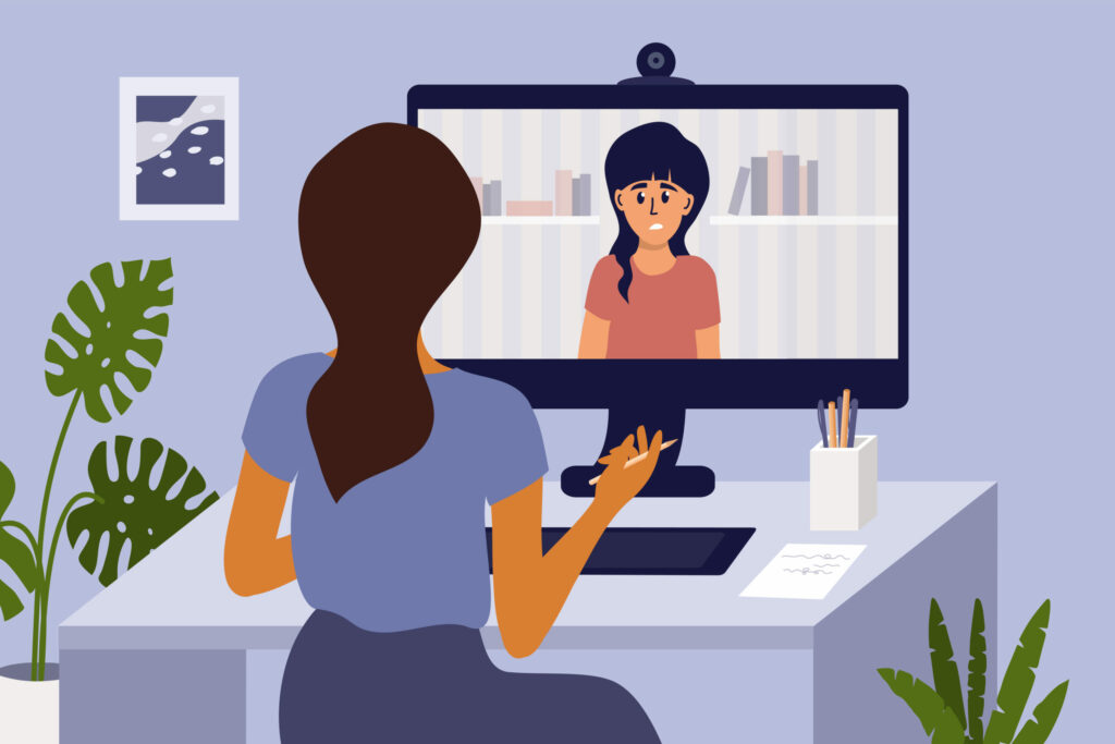 Illustration of sad lady in front of screen talking to a counsellor