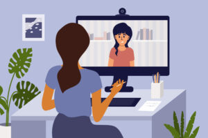 Illustration of sad lady in front of screen talking to a counsellor