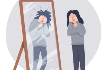 Illustration of female client looking in Mirror Low self Esteem or Low self Image