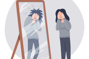 Illustration of female client looking in Mirror Low self Esteem or Low self Image